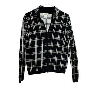 Talbots‎ Black & White Checkered Plaid Zipper Front Career Sweater Sz Medium